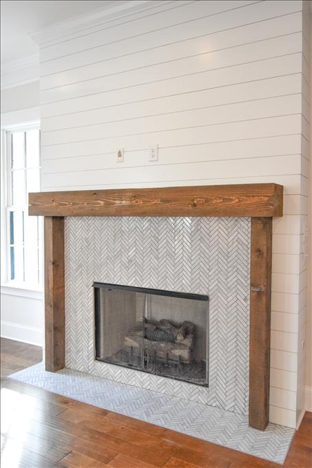 Rustic Cabin Mantel with Tile Surround Fireplace